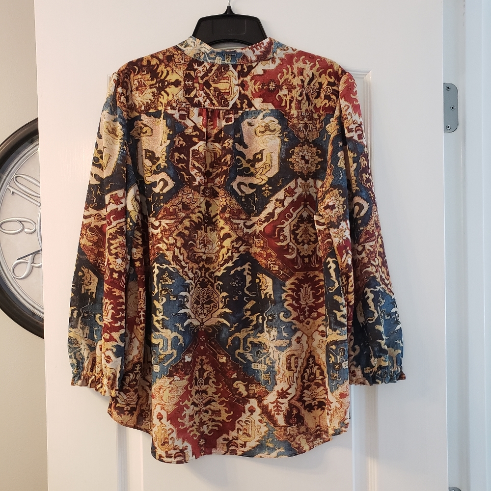 Chaps Pull Over Patchwork Look Blouse With Tie. L - image 6